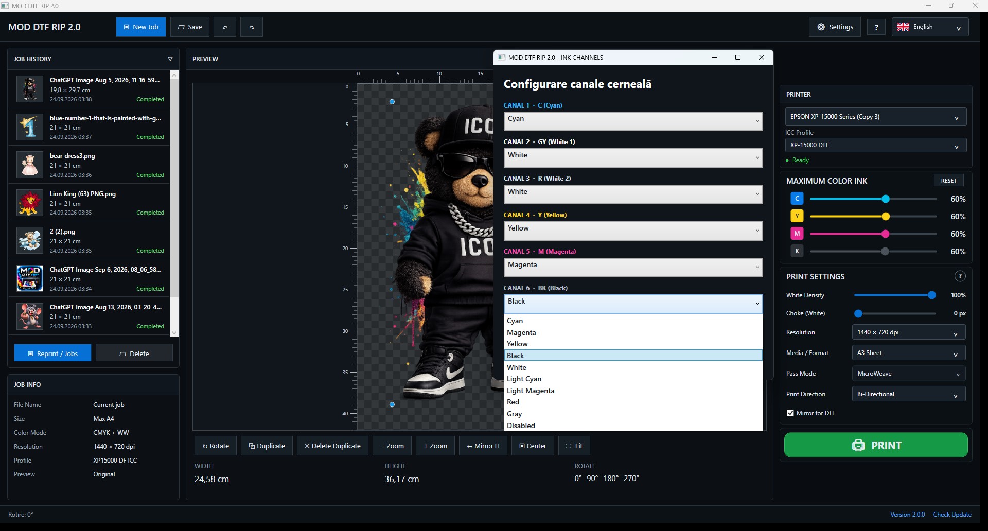MOD DTF RIP ink channel configuration
