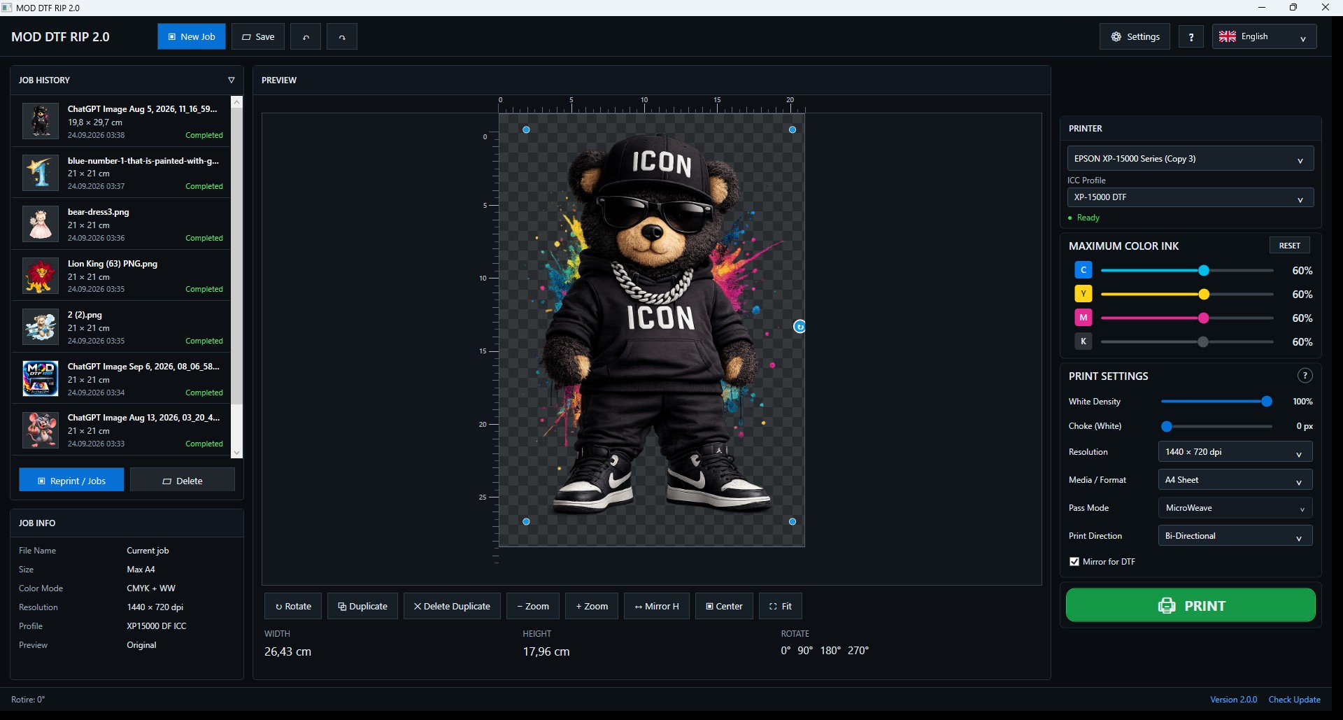 MOD DTF RIP 2.0 main interface running with Epson XP-15000